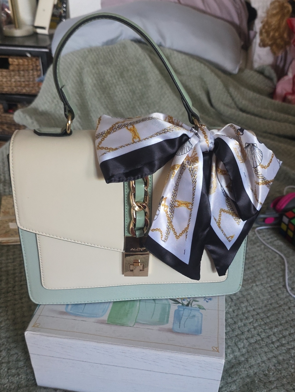 Aldo Cream and Mint Top-Handle Satchel with Silk Scarf Accent